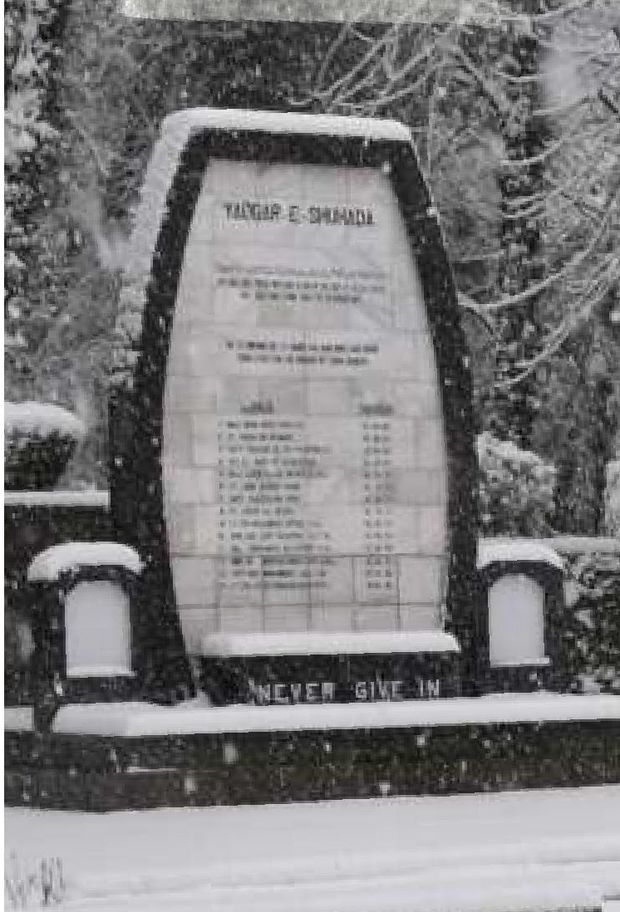Yadgar-e-Shuhada under falling snow. — Lawrence College Ghora Gali