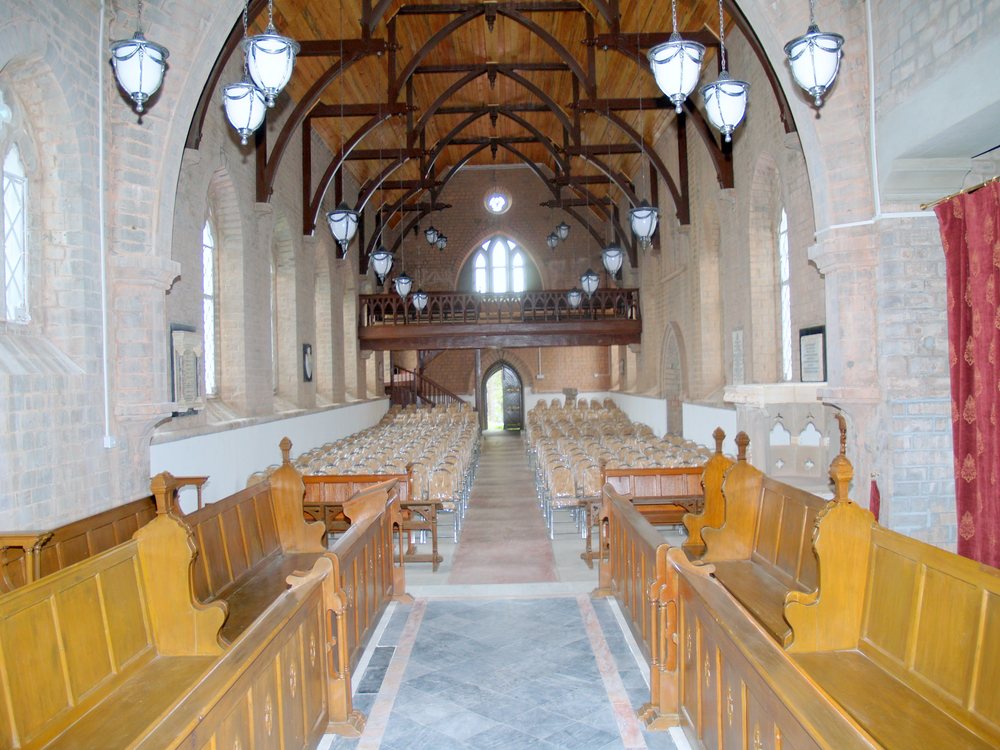 Inside the College Chapel, looking down the nave towards the altar
